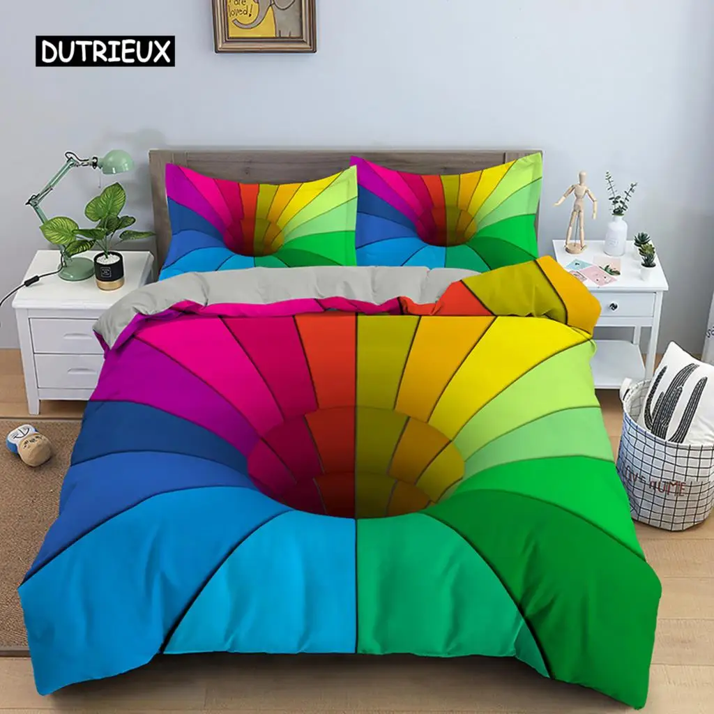 Colorful Stripes Duvet Cover Set 3D Twisted Psychedelic Quilt for Teens Polyester King Size Bedding
