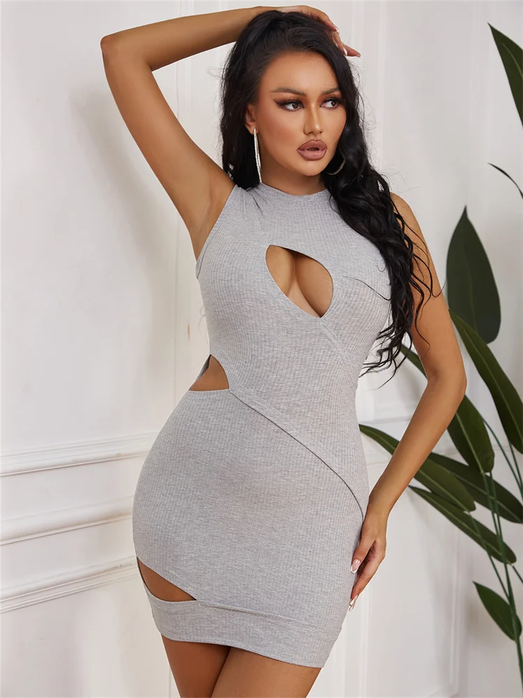 

InGrily Casual Solid Midi Dress Women Concise Hollow Out O-Neck Cleavage Skirt Body-Shaping Sleeveless Female mujer Stretwear