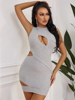 ingrily casual solid midi dress women concise hollow out o neck cleavage skirt body shaping sleeveless female mujer stretwear