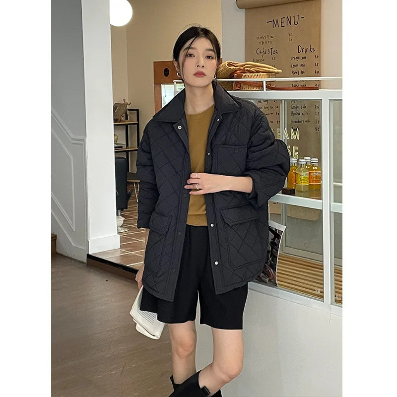 Loose Warm Cotton Coat Female 2022 Winter New Casual Diamond Check Pattern Short Paragraph Cotton Clothing