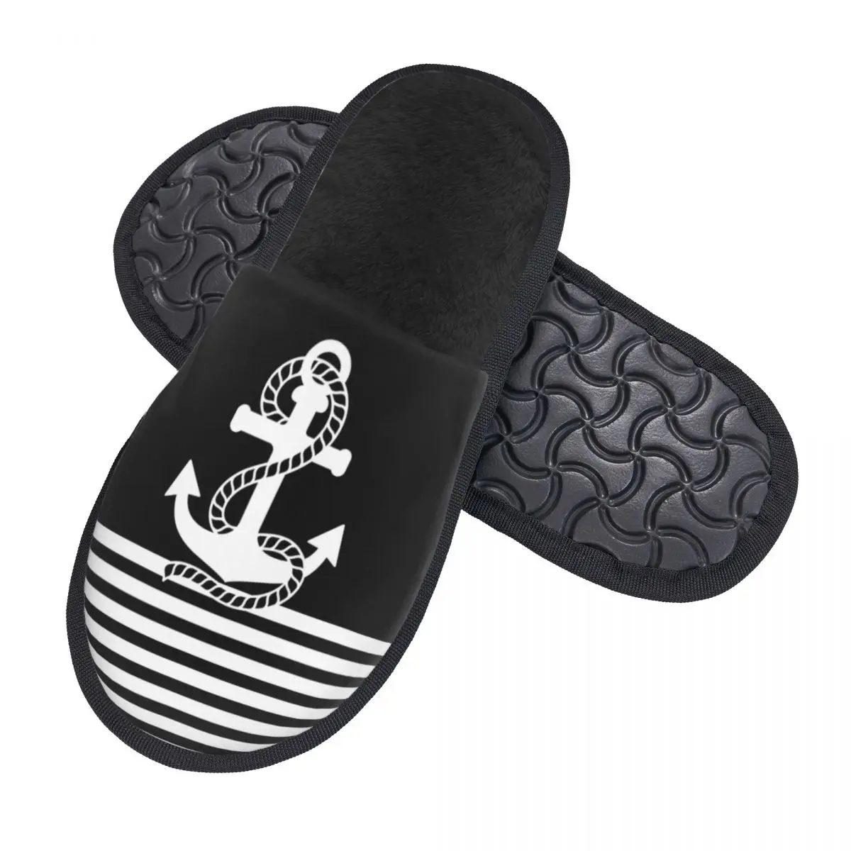 Custom Black White Nautical Stripes And Anchor Memory Foam Slippers Women Cozy Warm Sailing Sailor House