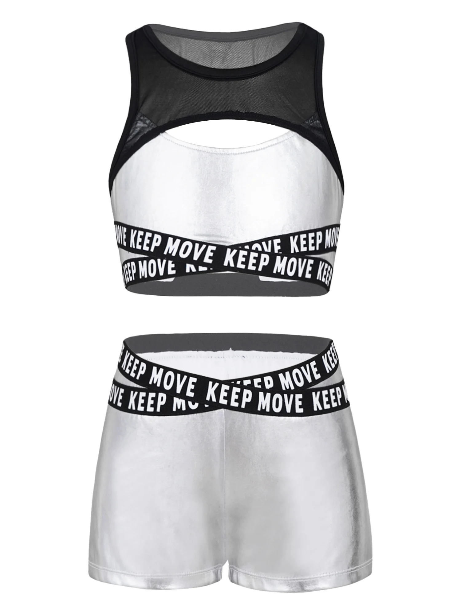 

Kids Girls Tracksuit Two-piece Sport Outfit Sheer Mesh Patchwork Cut Out Crop Top with Letter Printing Elastic Waistband Shorts