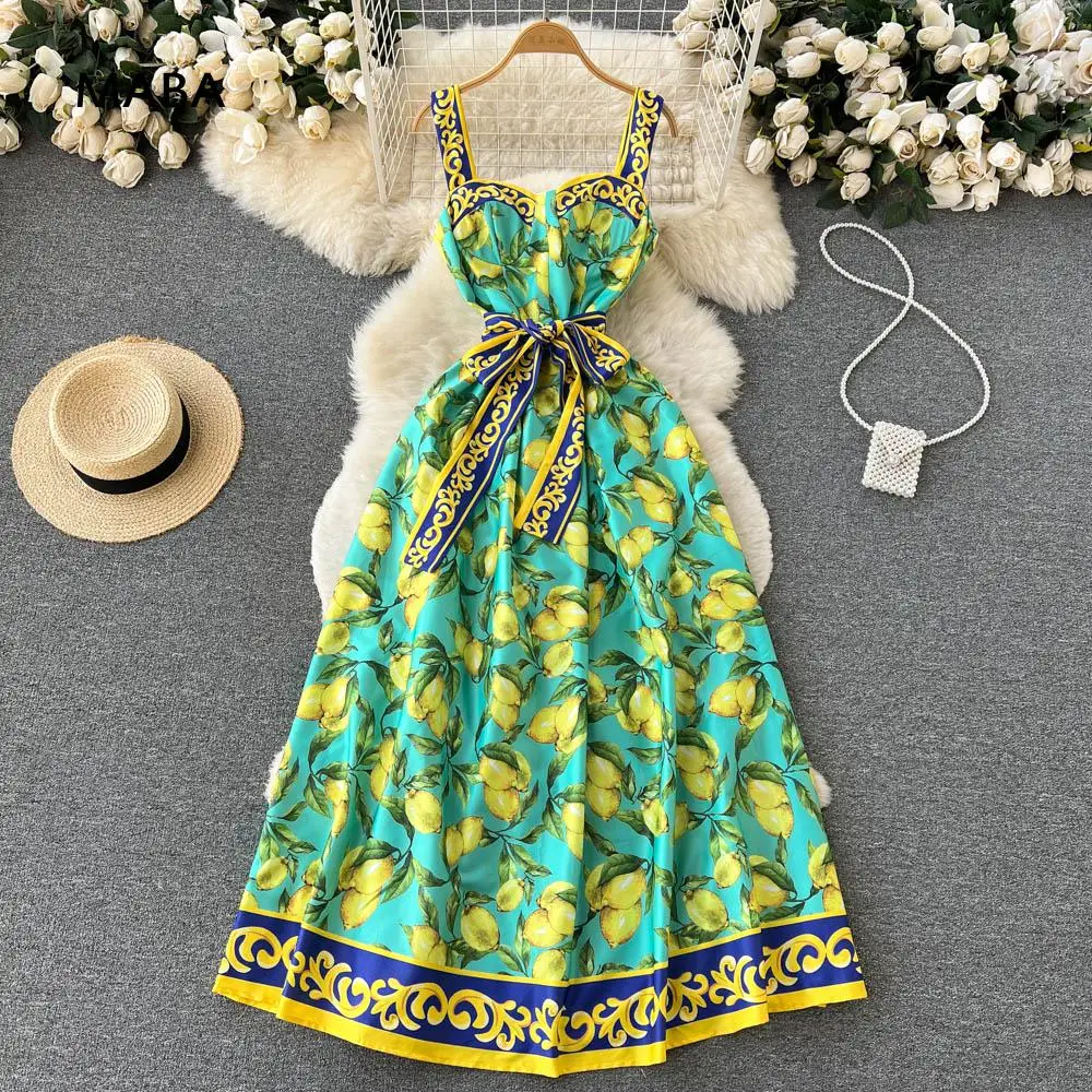 

Runway Fashion Lemon Print Maxi Dress Summer Bohemian Spaghetti Strap Cup Padded Belted Elegant Vacation Backless Long Vestidos