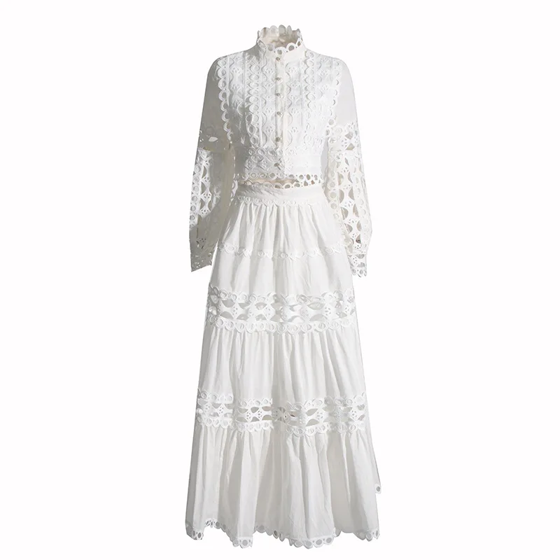 

Fashion Solid Embroidery Long Sleeve Top And Hollow Lace Cascading Ruffle Skirt Set 84024