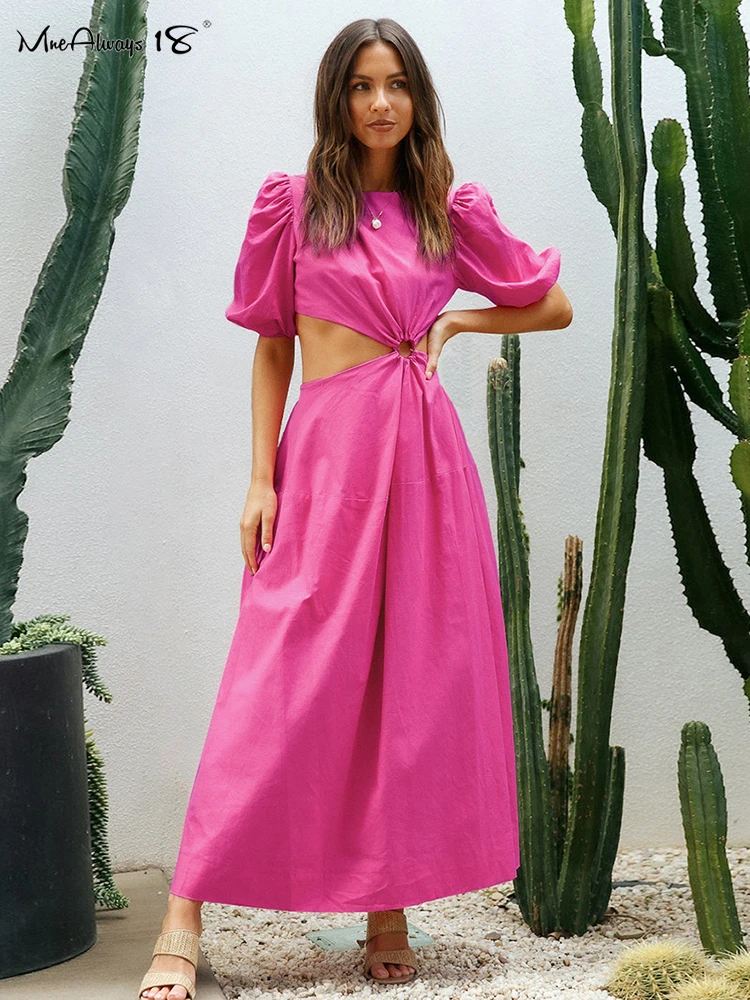 

Mnealways18 Holiday Hollow Out Long Dress Pink Puff Sleeves Backless Dress Summer Dresses A-Line Woman 2022 Round Neck Midi Lady
