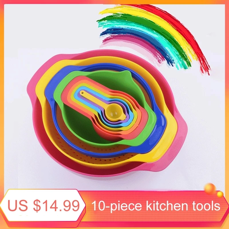 

10Pcs Set Mixing Bowl Colour Measure Cup Spoons Baking Measurement Utensil Kitchen Measuring Colander Colander Sifter Tool