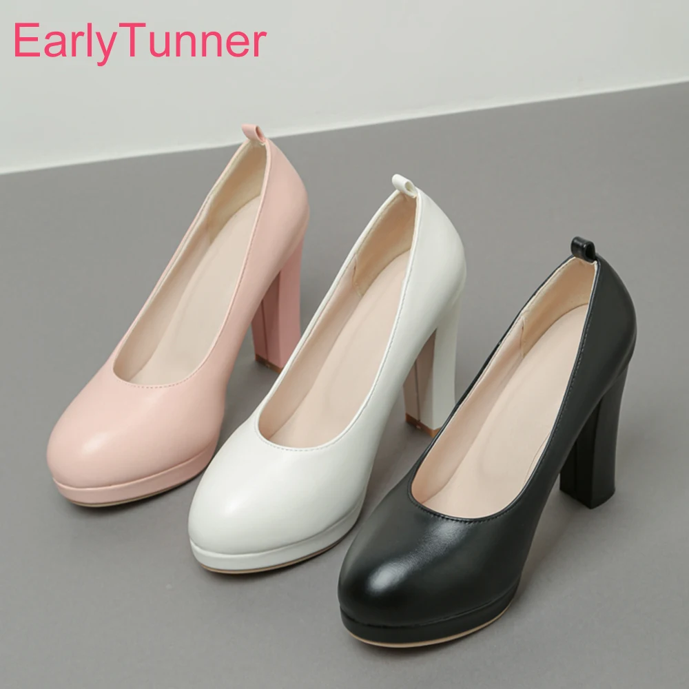 

2022 Brand New Pink White Women Platform Pumps Fashion Round Toe Super High Heels Lady Nude Shoes Plus Big Size 10 43