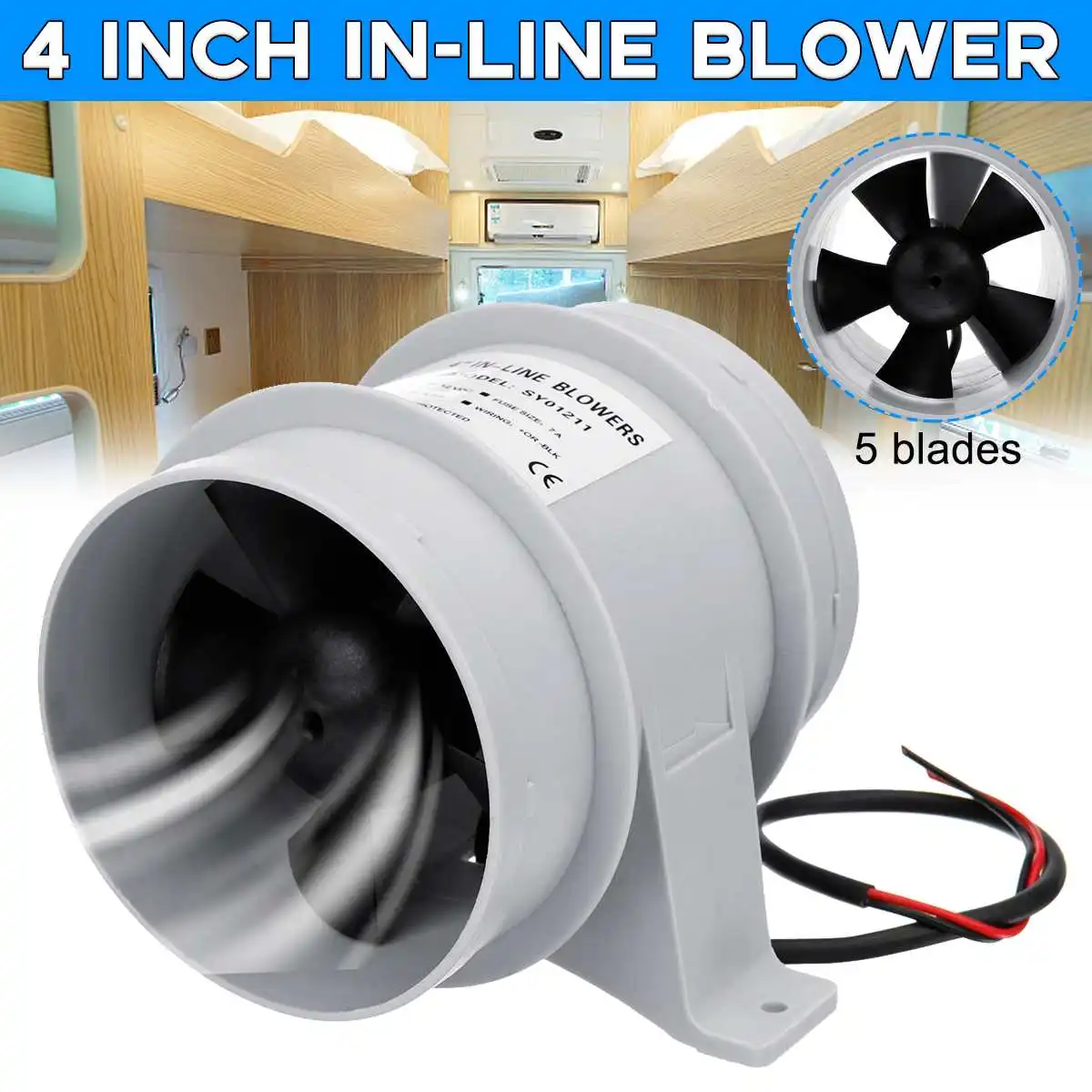 

12V 235CFM 4 Inch Boat In-Line Air Blower Electric Bilge Galley Heads Engine Ventilation Fan Boat Marine Yacht Accessories White