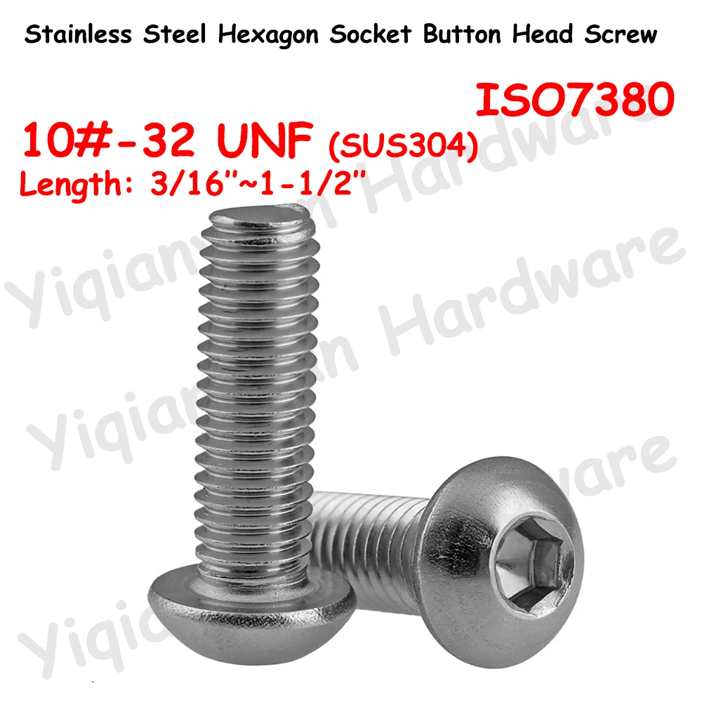 

Yiqianyuan 10#-32 UNF Thread ISO7380 SUS304 Stainless Steel Hexagon Socket Button Round Head Screws Allen Key Bolt Full Threaded