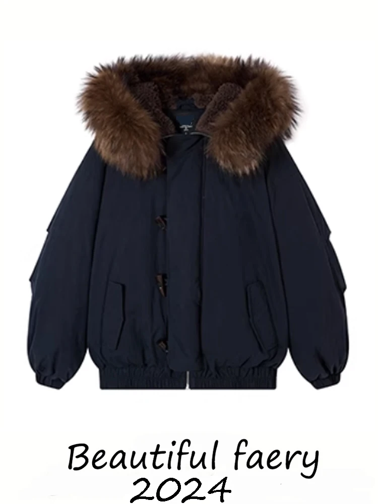 Женский пуховик с большим меховым воротником енота зимняя утолщенная теплая