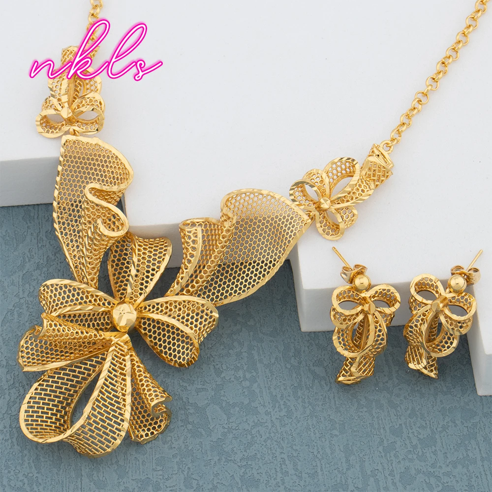 

African Gold Color Earrings Jewelry Set Nigerian Jewelry Set For Women Fashion Necklace Set Classes 18K Gold Plated Jewellery