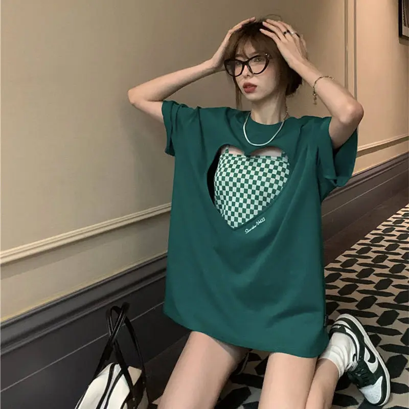 

Love Hollowed-out Long T-shirt Women's Summer Loose and Thin Short-sleeved Design Long Half-sleeved Y2k Top