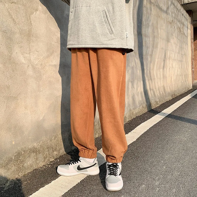 

Fleece casual pants men loose autumn/winter pure color pants Port wind harness foot rope student sports pants