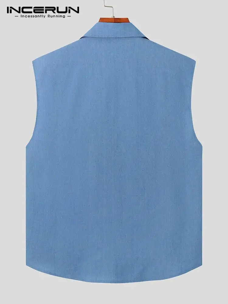 INCERUN Tops 2022 American Style New Men's Denim Solid Blouse Casual Streetwear Personality Sleeveless Laple Button Shirts S-5XL