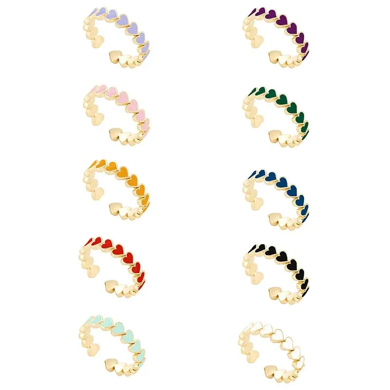 

Aide Gold Color Rainbow Enamel Heart String Adjustable Rings For Women Drop Oil Heart Opening Rings Jewelry Mother's Day Gift