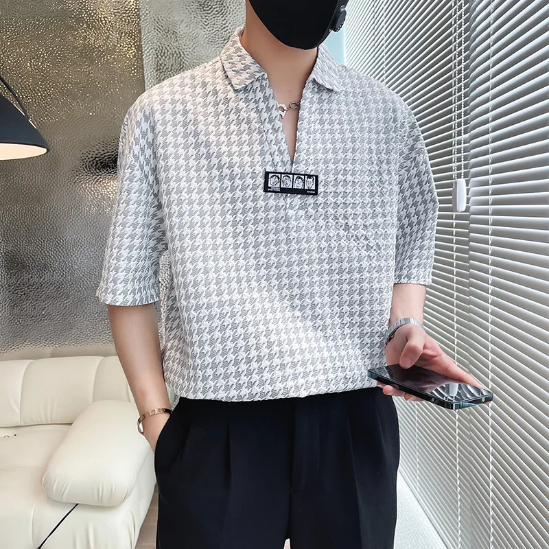 Brand Plaid Pullover Shirts for Men 2022 Summer Short Sleeve Loose Casual Shirt V Neck Streetwear Oversized Shirt Chemise Homme