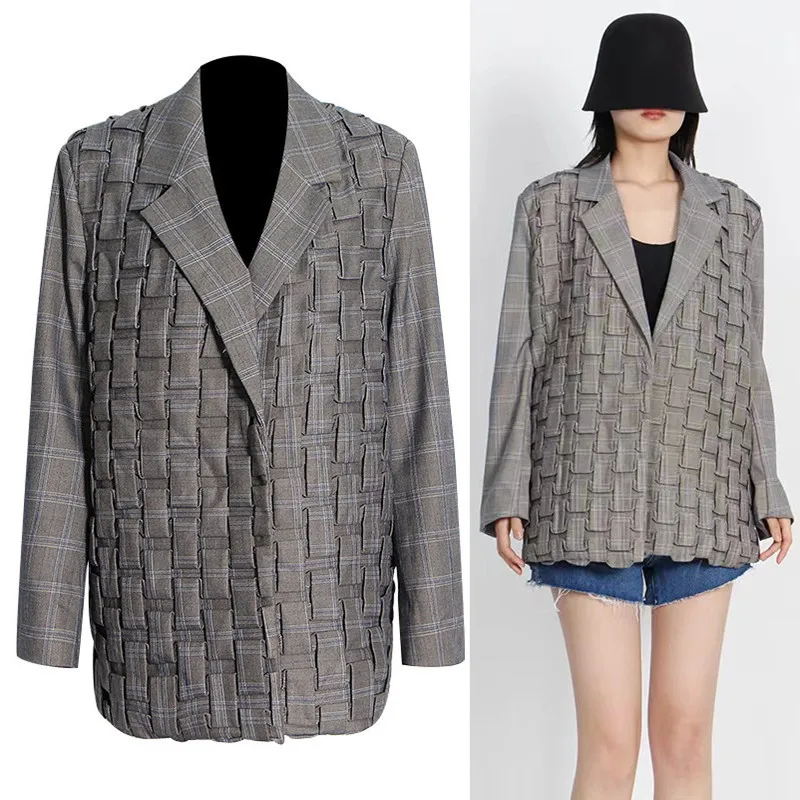 Casual Plaid Blazer For Women Notched Long Sleeve Korean Ruched Loose Blazers Female Fashion New Clothing