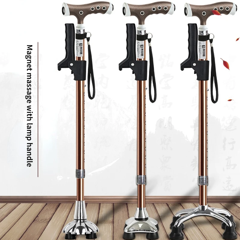 

Aluminum Alloy Four-legged Walking Stick Elderly Anti-slip Lightweight Massage Cane Telescopic Crutches with Light