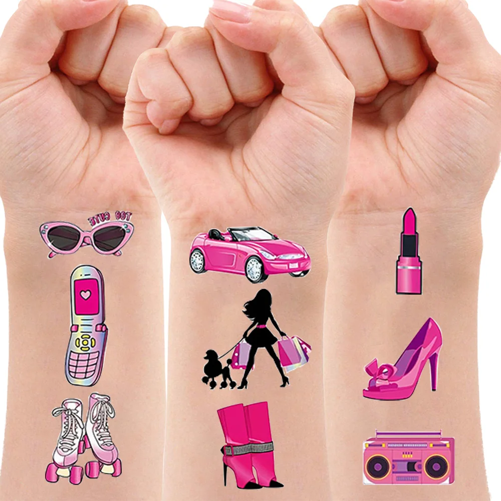 

10 листов Временные татуировки для девочек, наклейки для 80-х годов, ретро-тема, украшения на день рождения, девичник, музыкальные татуировки, розовые, 90+ шт.