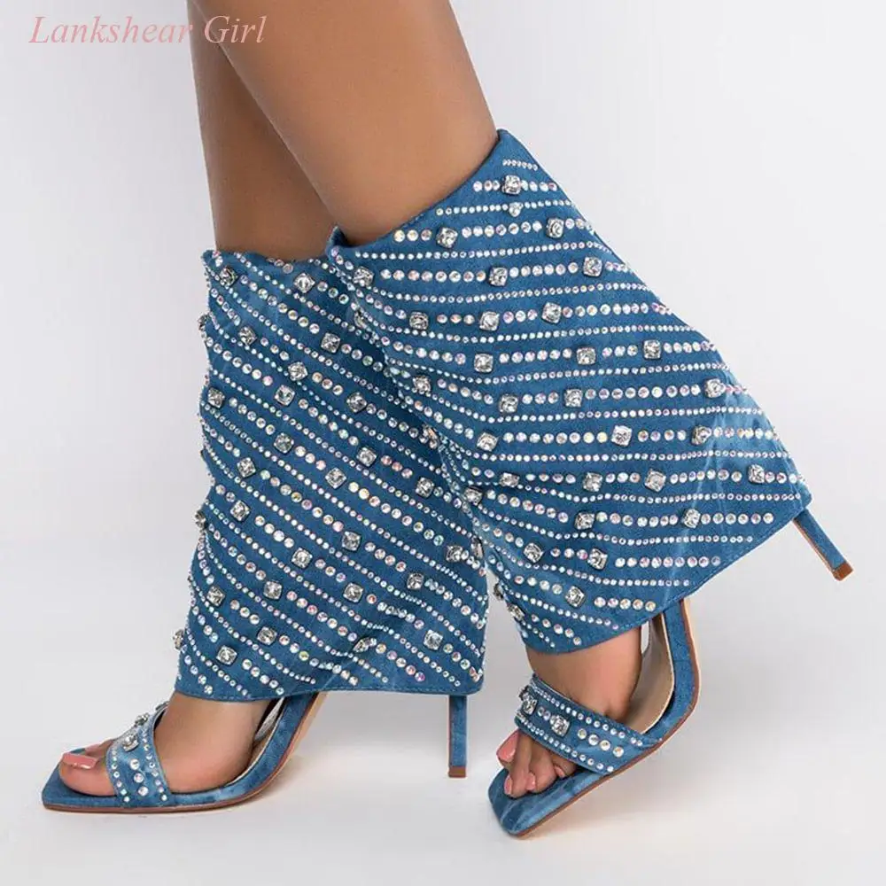 

Новинка 2023, женские дизайнерские синие ботинки до середины икры с квадратным носком, декоративные красивые удобные босоножки, ботинки