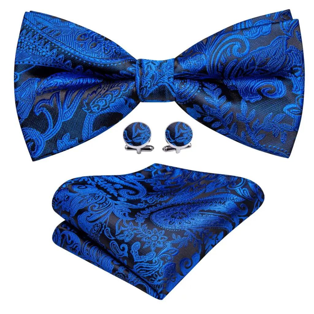 

Royal Navy Sky Blue Silk Mens Bow Tie Jacquard Paisley Floral Pre-Tied Bowtie Hanky Cufflinks Set Wedding Business Barry.Wang