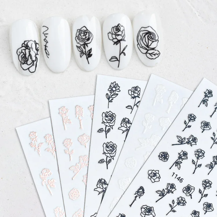 

Net Red Nail Art Rose Sticker Flower Back Adhesive Solid Color Black and White Rose Gold Hollow Applique Nail Jewelry