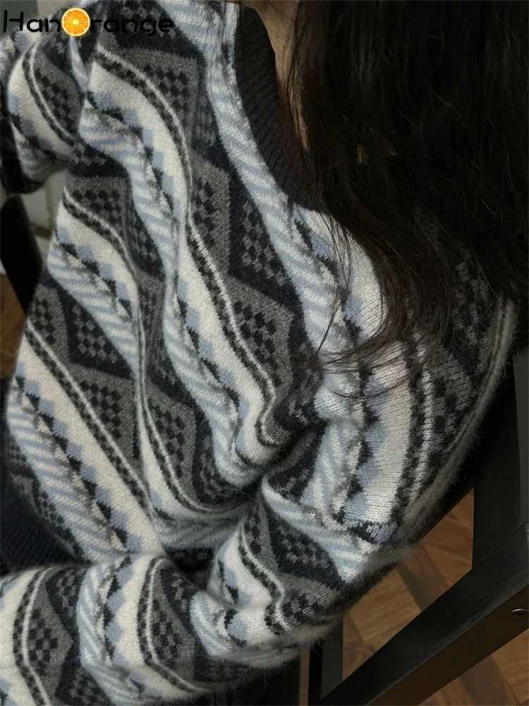 HanOrange 2024 зимний винтажный полосатый жаккардовый шерстяной свитер женский теплый