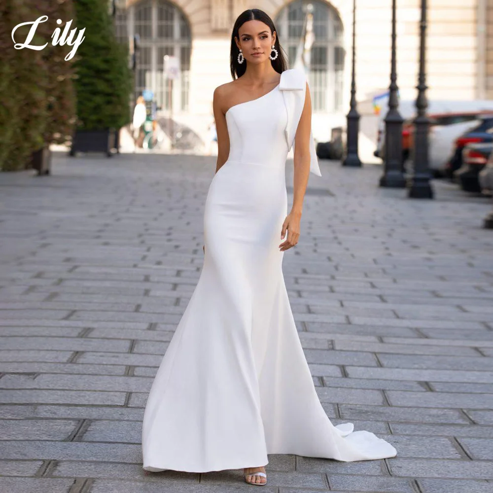 Купи Simple Mermaid Wedding Dress 2023 Strapless One Shoulder Backless Bow Design Sweep Train Vestido De Novia Soft Satin For Bride за 4,455 рублей в магазине AliExpress