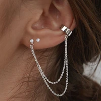 women punk one peice tassel clip earrings crystal double holes stud earrings ear hook chain pendant earring metal chains jewelry
