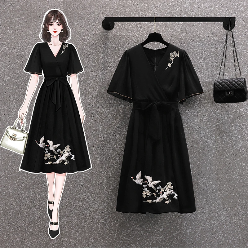 

Summer Women Elegant Black Dress Chinese cheongsam V Neck Short Sleeve Robe Plus Size Midi Embroidery Streetwear Party Vestidos