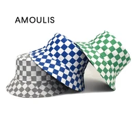 amoulis checkerboard bucket hats women and men summer hat print plaid fisherman hat double sided beach caps casquette unisex