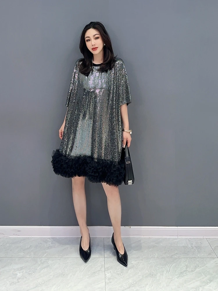 Женское платье с юбкой и блестками Длинное свободное платье-футболка оборками в