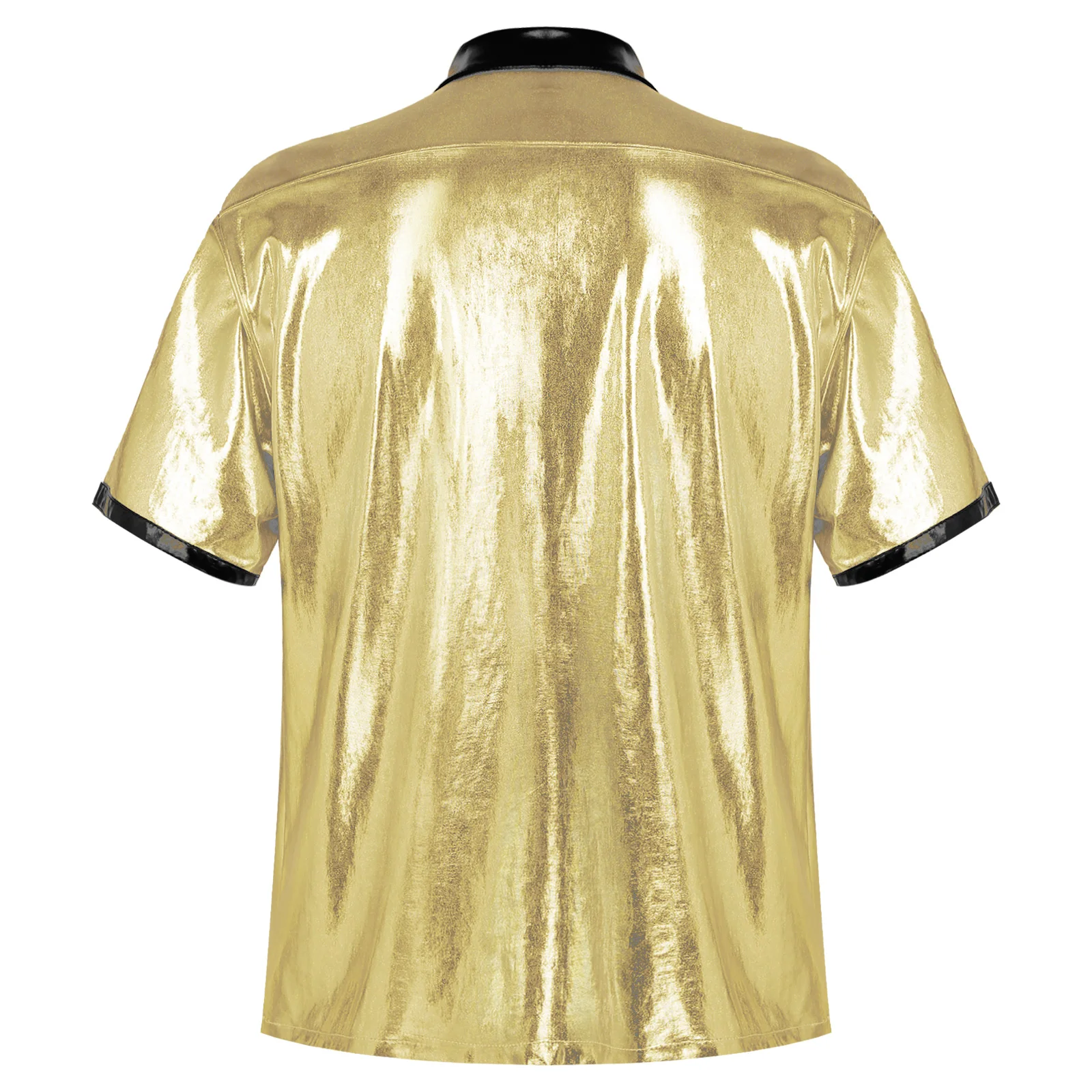 Mens Metallic Shiny Shirt Fashion Casual Loose Button Down Tee Tops Rave Party Dance Costume Night Club Wear Short Sleeve