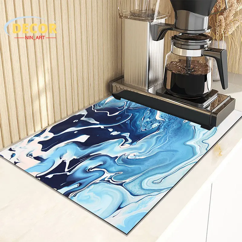 

Blue Marble Drain Pad Dish Drying Mat for Kitchen Tableware Dinnerware Cup Bottle Super Absorbent Room Decoration Aesthetic