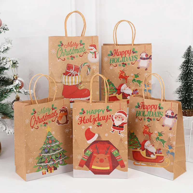

Merry Christmas Kraft Paper Tote Gift Bag Elk Xmas Tree Santa Claus Printed Candy Cookie Packaging New Year Kids Favors Storage