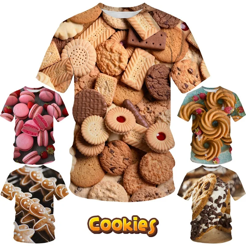 

Funny Food T-shirt 3D Printing Men's Cookie Round Neck Short Sleeve Macaron Waffle Casual Cool Tops