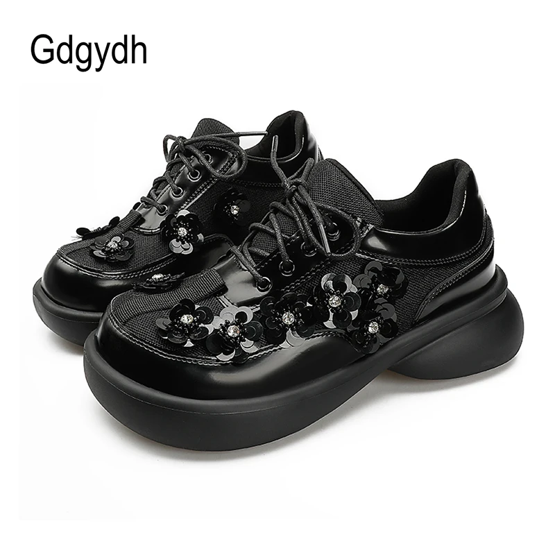 Gdgydh Women Chunky Platform Single Shoes Round Toe Female Flats Lace-Up Soft Heels Light Ladies Flowers Shoes Black And White