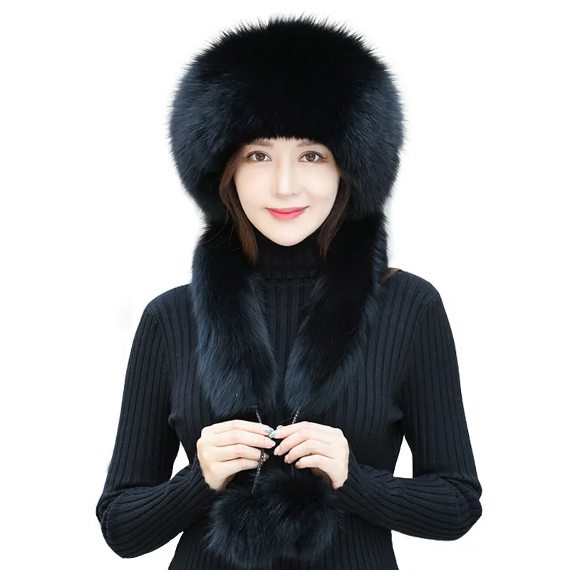 100% Natural Fox Fur Russian Hat Ushanka Women Winter Warm Fluffy Popular Style Female Tail Cap Fashion Real Fur Hat