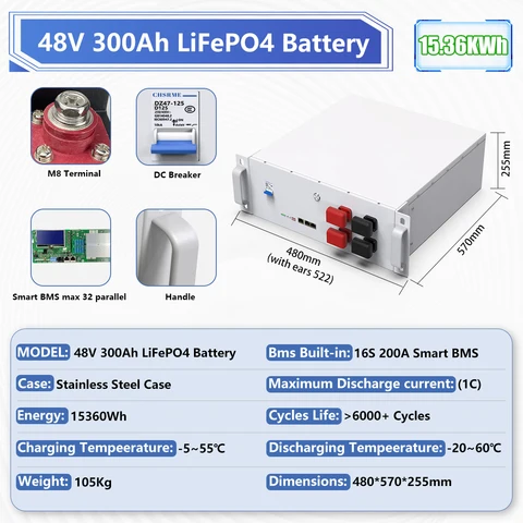 Литиевый аккумулятор LiFePO4, 48 В, 6000 а/ч, 10 кВтч, 51,2 + циклов, 16S, Bluetooth, в, BMS, а/ч