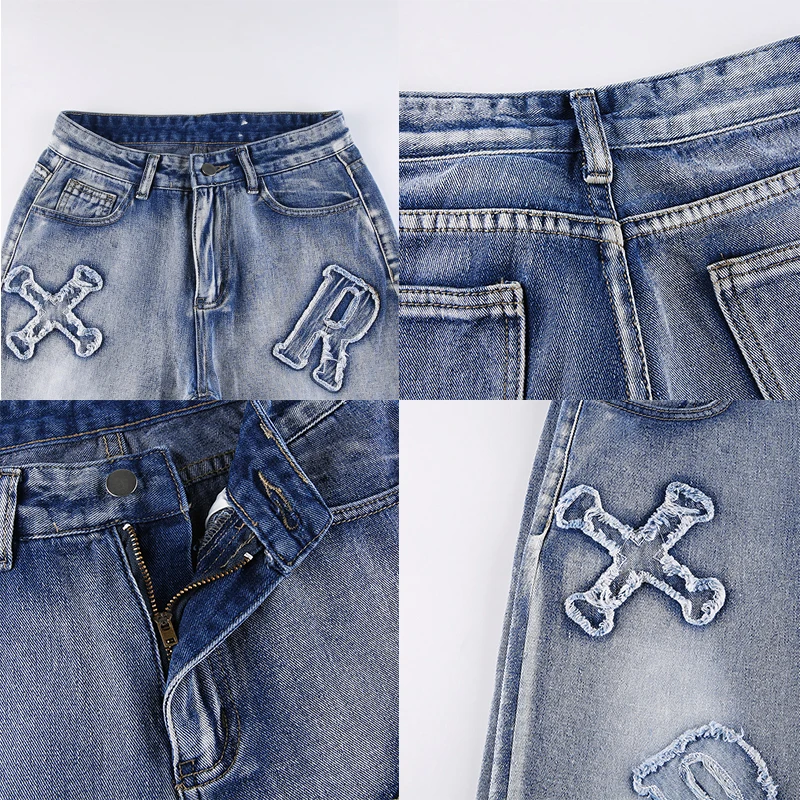 Women Fashion Vintage Letter Patchwork Loose Straight Jean Women Harajuku Ripped Straight Mom Jeans Y2K High Waist Grunge Pants
