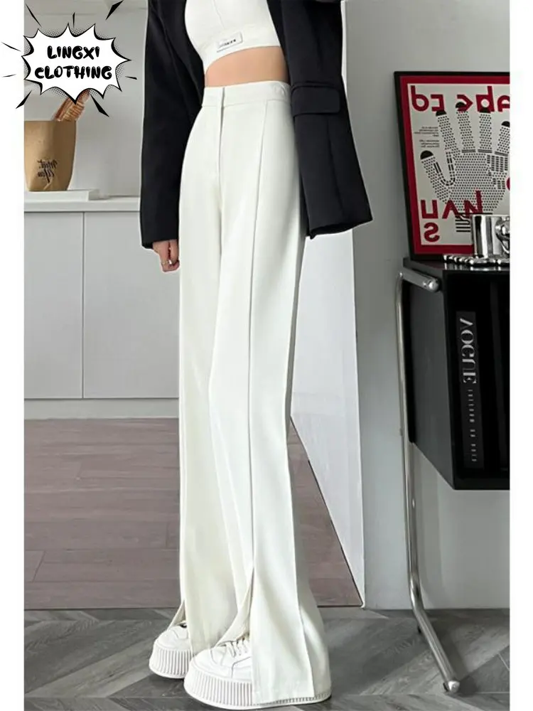 Summer Sagging Professional Women's High Waist 2023 New Trend White Outerwear Straight Split Suit Pants Baggy Pants Woman