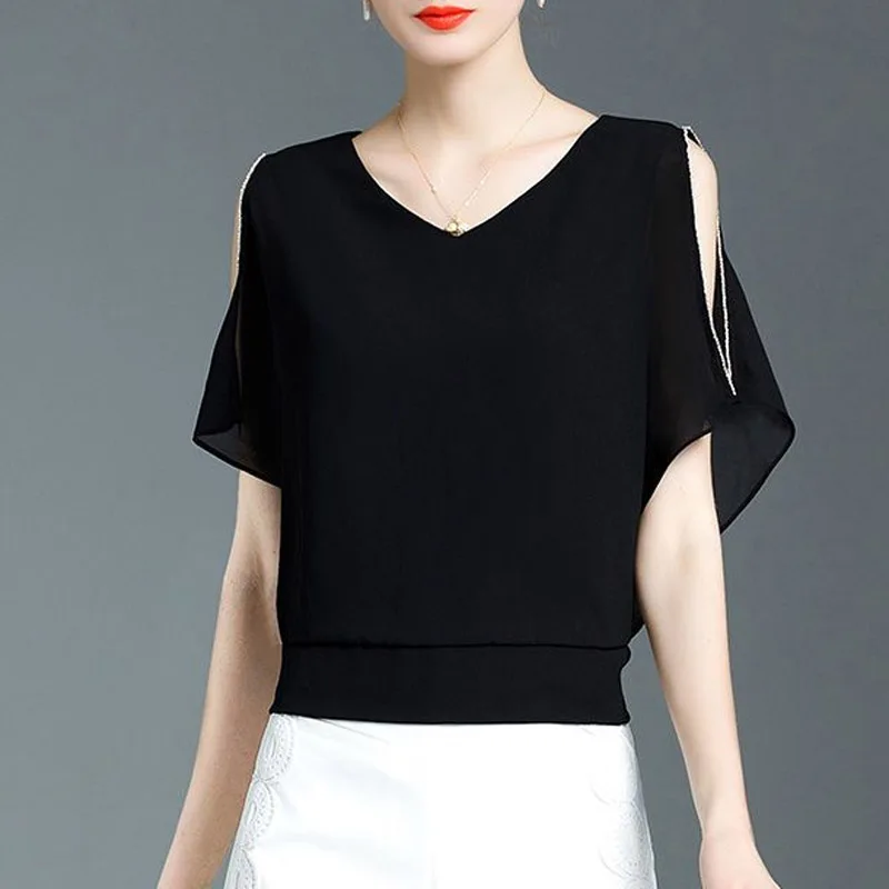 Модная шифоновая рубашка женская с короткими рукавами супер фея черная рукав