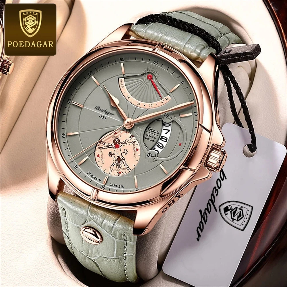 

POEDAGAR Quartz Watch for Men Fashion 3D Dial Design Waterproof Men's Wristwatch Auto Date Leather Strap Swiss Brand Man Watch