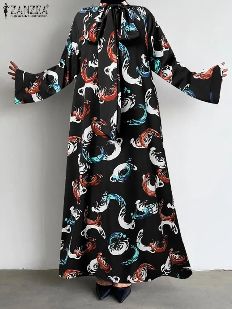 

Винтажные Длинные платья ZANZEA с волнистым принтом и бантом на шее, женские весенние модные повседневные свободные Макси-платья оверсайз 2023