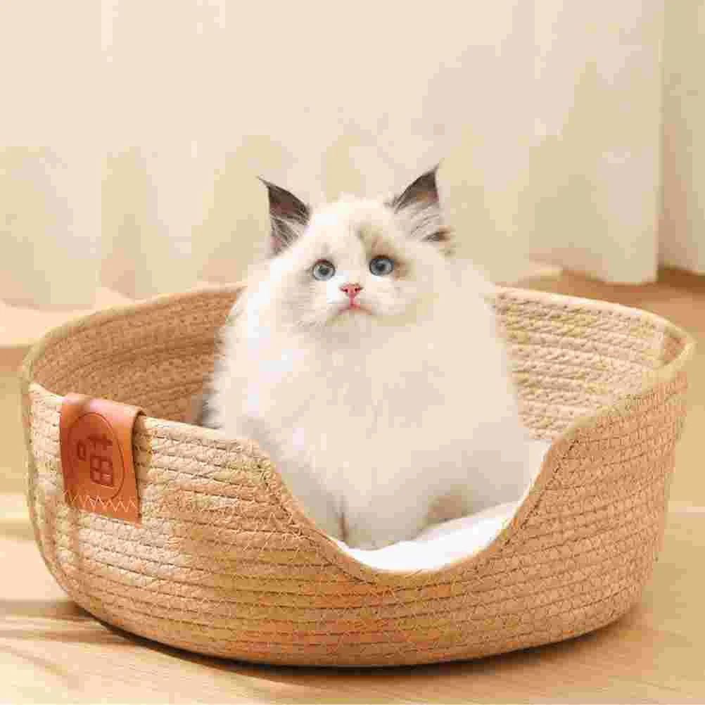 

Woven Straw Cat Bed Sleeping Nest Basket Breathable Cat House Cooling Bed Kitten Small Dogs Puppy
