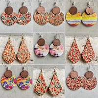 boho ethnic floral earrings for women round exotic floral print jewelry western art sunset color painting thin wood earrings