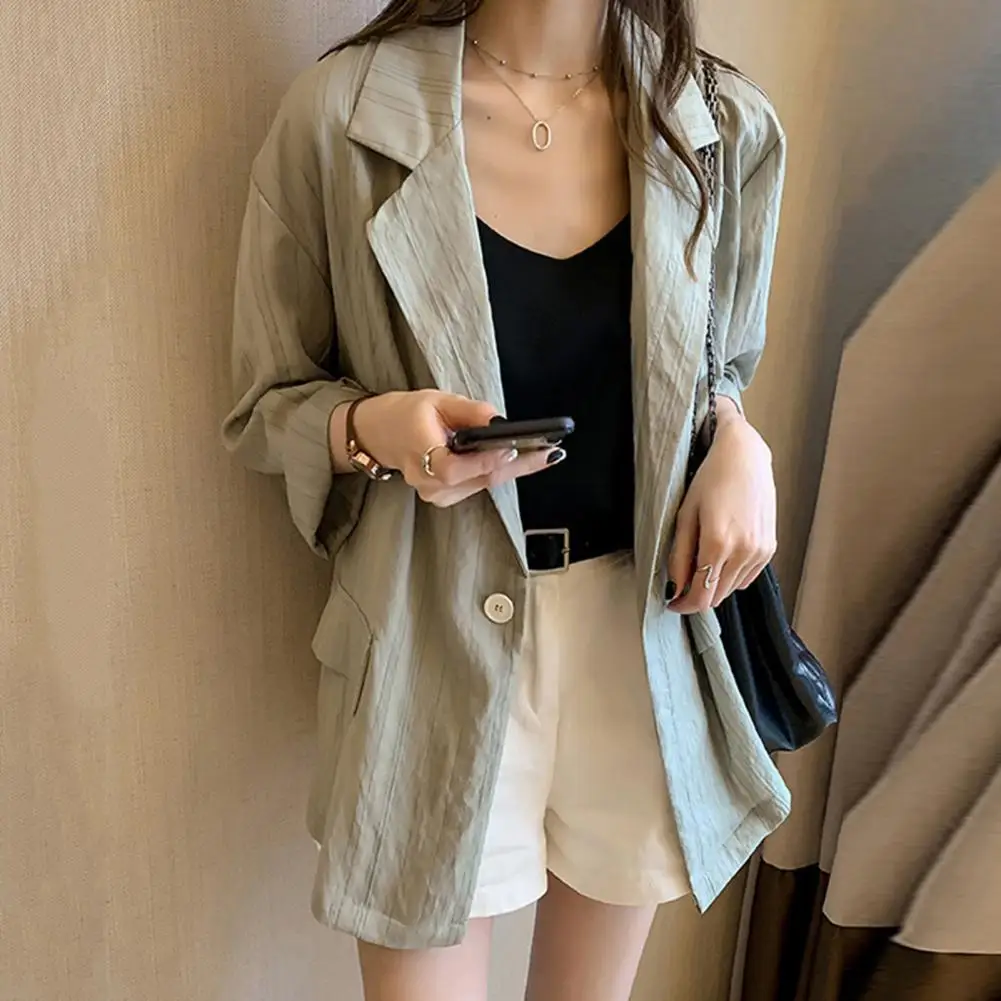 

Women Blazer Lapel Long Sleeve Female Suit Coat Stripes Print Flap Pockets Single Button Loose Blazer Outwear Women's Clothing