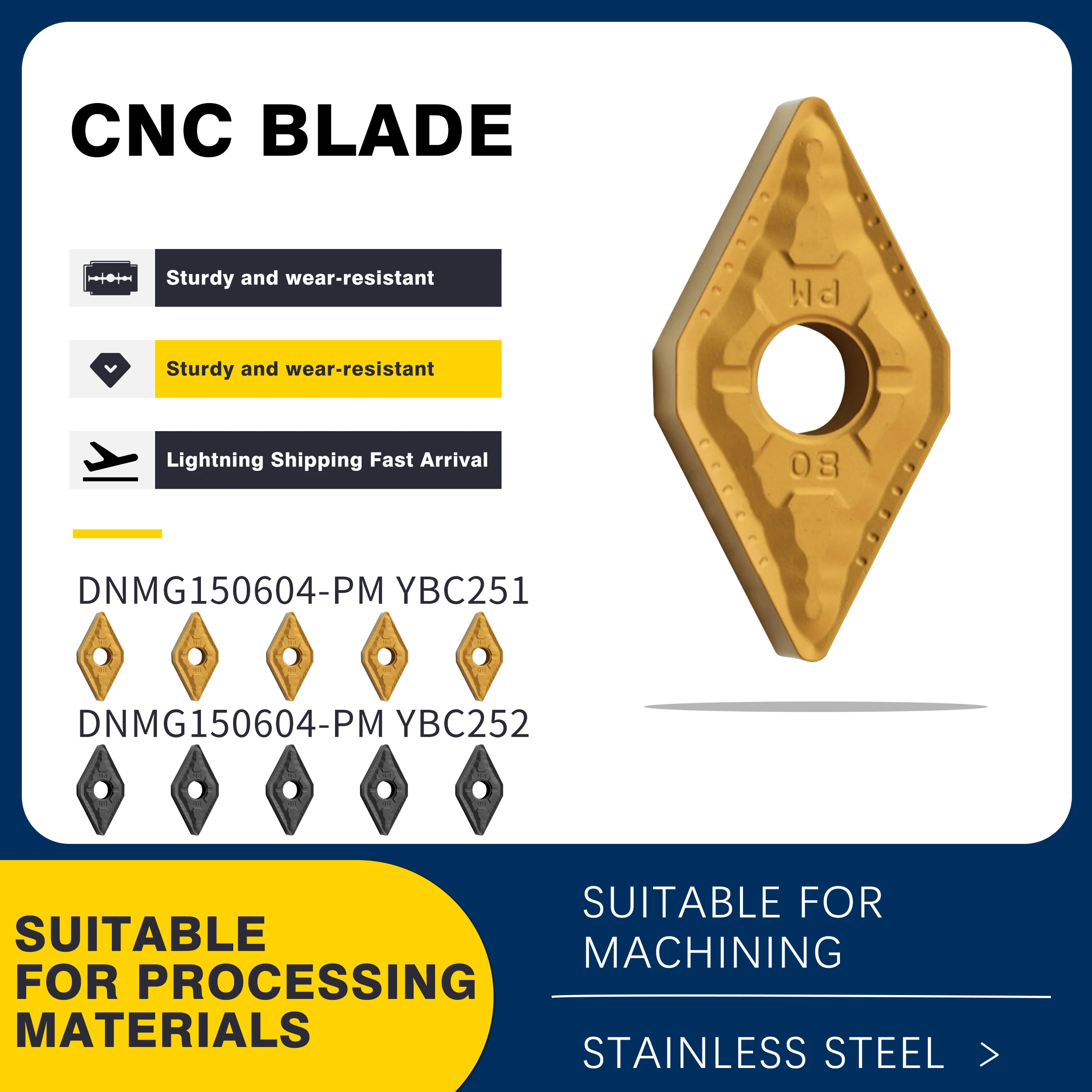 

10PCS DNMG150404 150408 150604 150608-PM YBC251 YBC252 CNC Lathe Turning Tool Carbide Inserts Sharp Wear-resistant Turning Blade