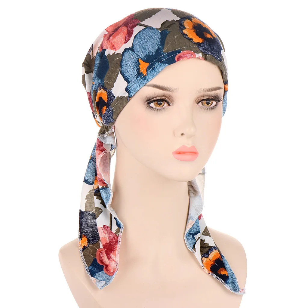 

Muslim Hijab Inner Cap Print Long Tail Head Scarf Wrap Bone Bonnet Headwear Women Chemo Caps Ninja Hat Headscarf Beanies Turban