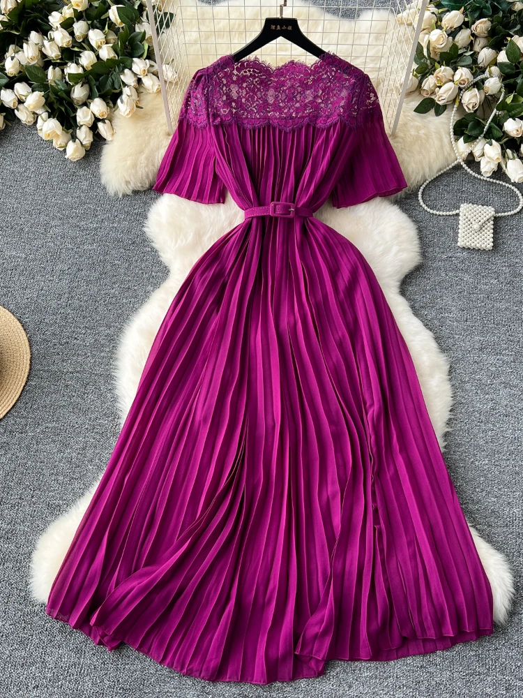 Женское элегантное Плиссированное длинное платье летние кружевные винтажные